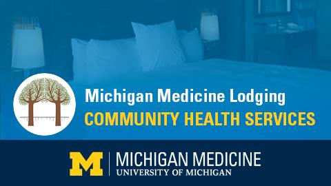 White and yellow text reading "Michigan Medicine Lodging Community Health Services" on blue background and blue band along bottom with Michigan Medicine logo