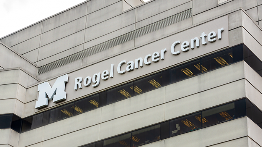 The Rogel Cancer Center building with its name displayed near the roof line.